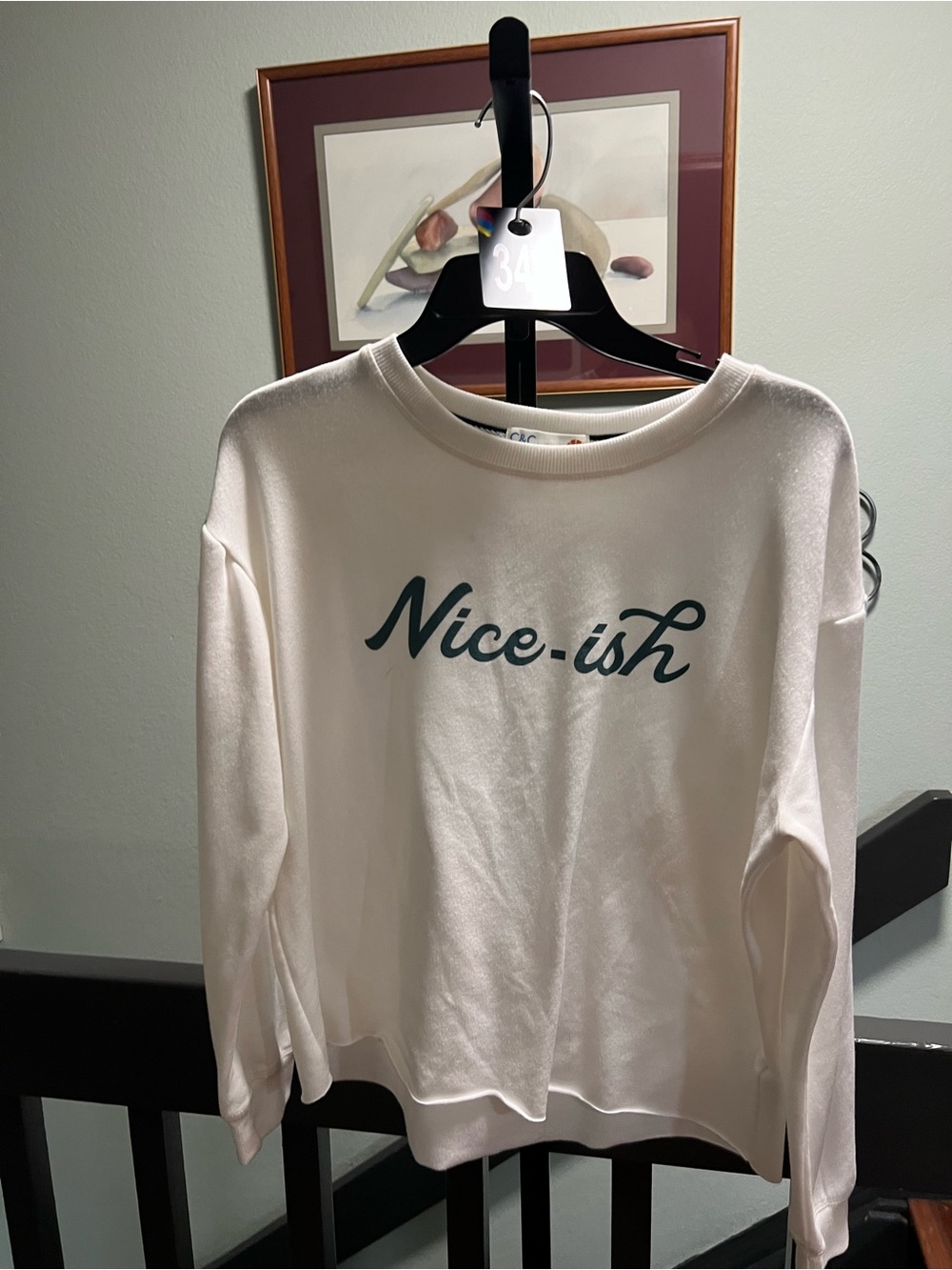 C&C California Cream Crewneck Sweater with Teal “Nice-ish” Script #348